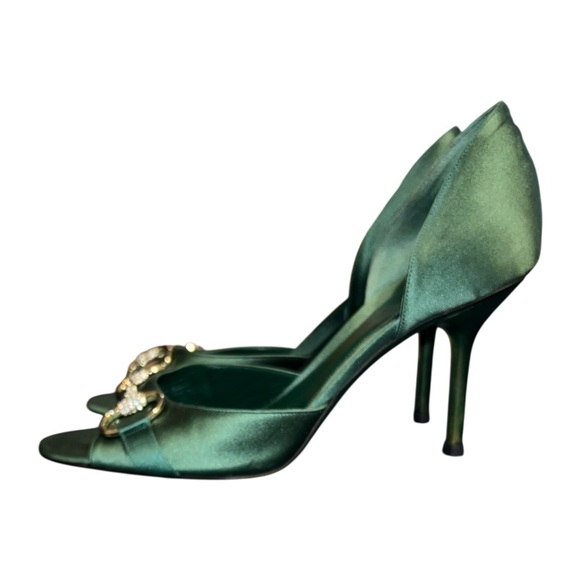 Gucci Emerald Green Satin Peep-Toe Stiletto Heels – Size 7.5 - Picture 4 of 10